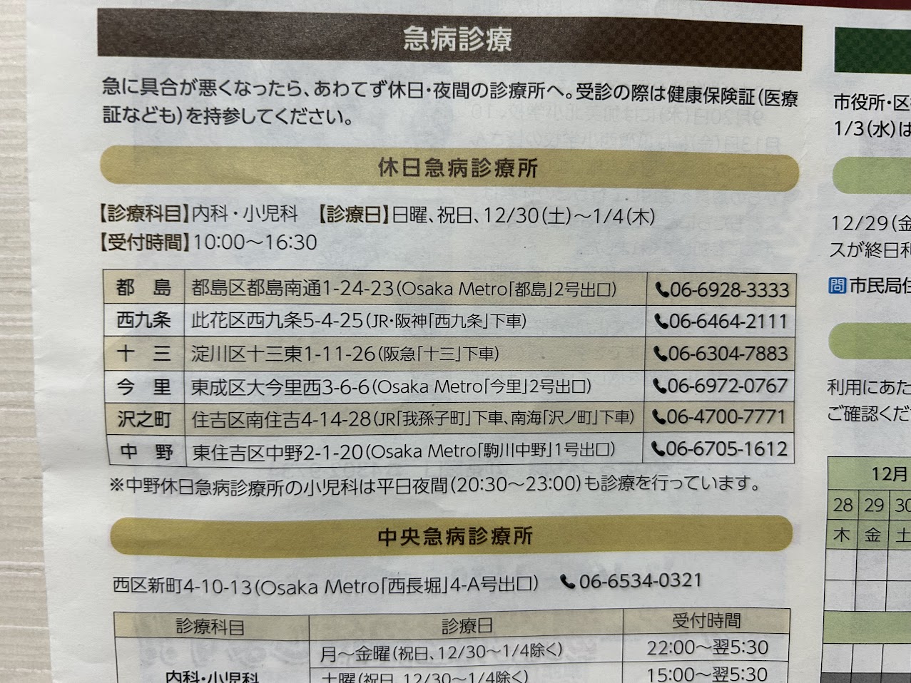 大阪市休日急病診療所案内